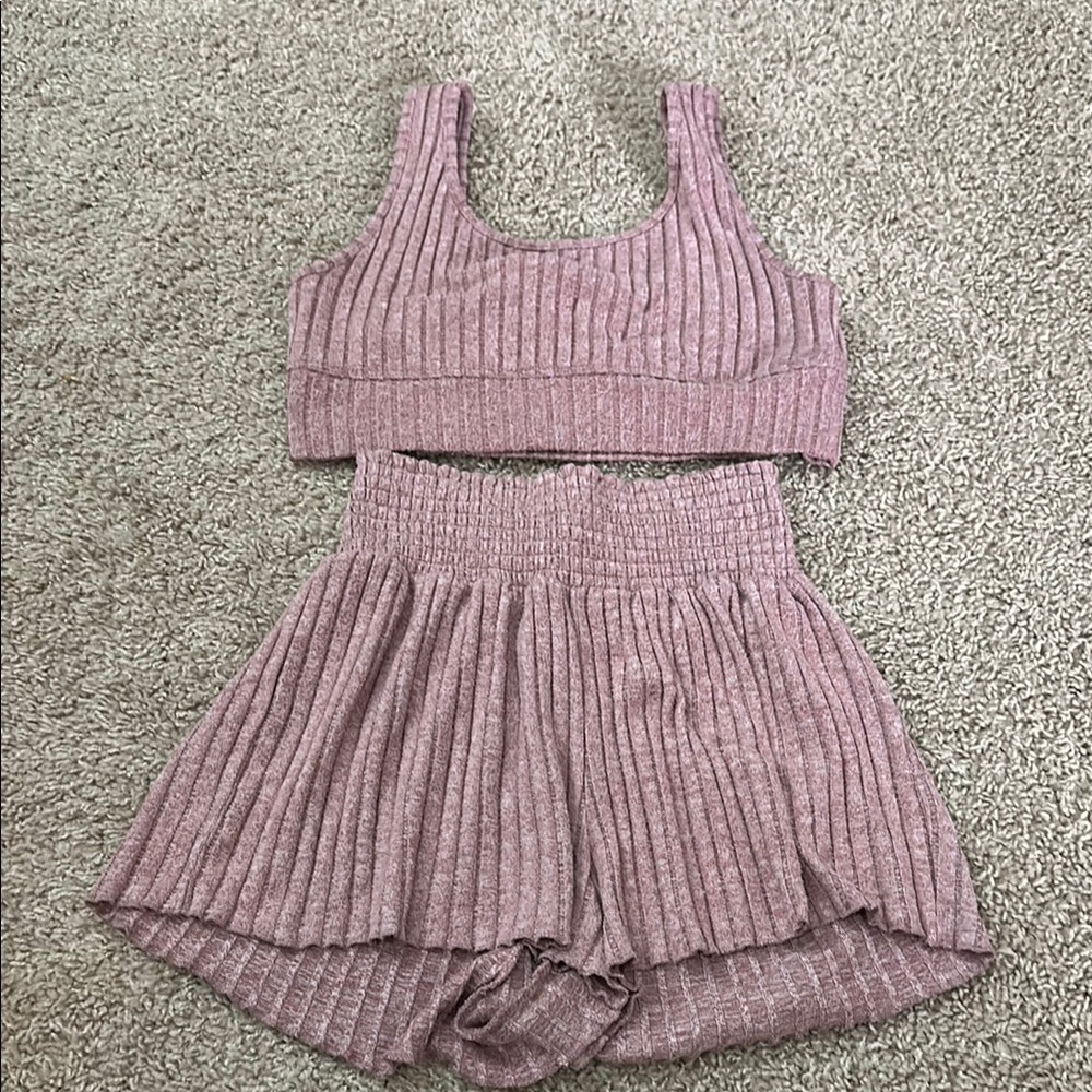 Ribbed Pink Two-Piece Lounge PJ Set